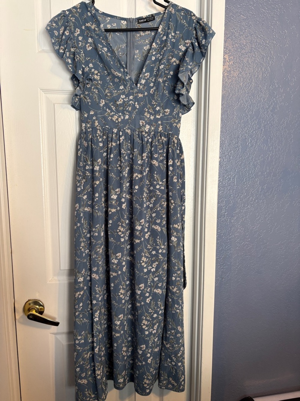 SHEIN Dusty Blue Floral Midi Dress with White Blossoms